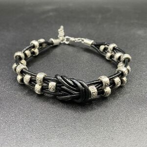 Handmade Silver Tone Bead & Black Leather Cord Knot Bracelet by Neanie-Bot